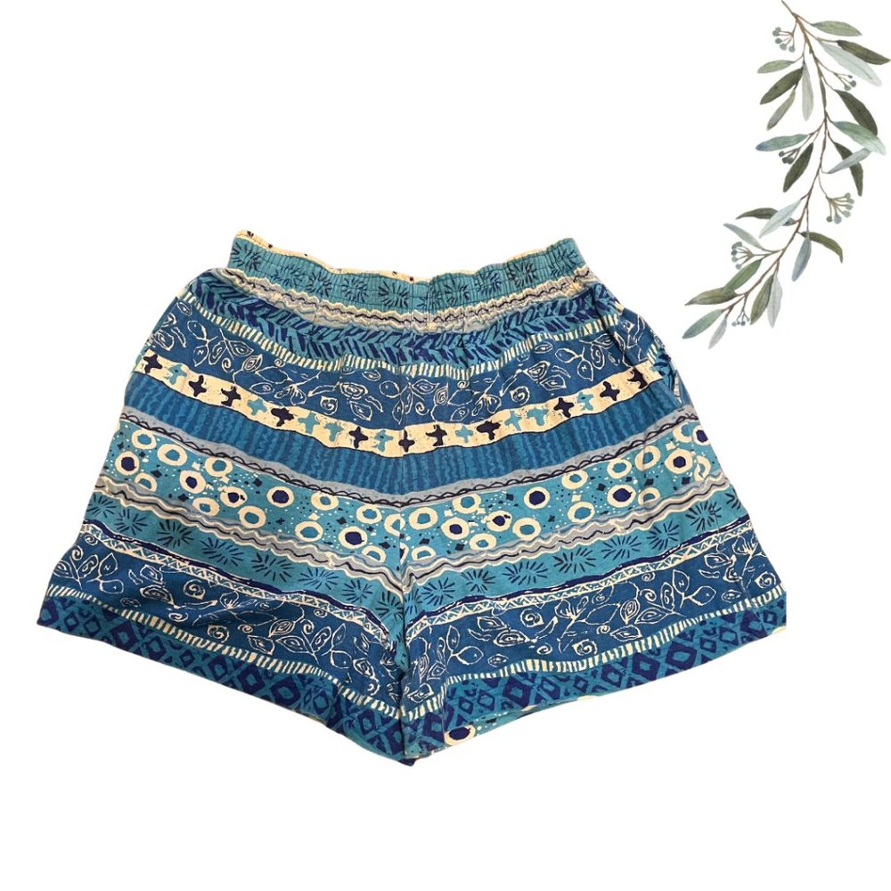 Vintage OP Ocean Pacific Blue Printed Knit Beach Shorts Size Large